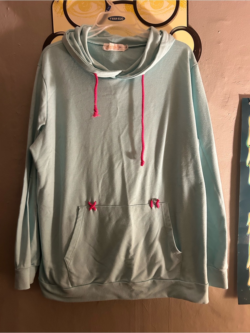 Light Blue Hooded Pullover with Pink Drawstrings